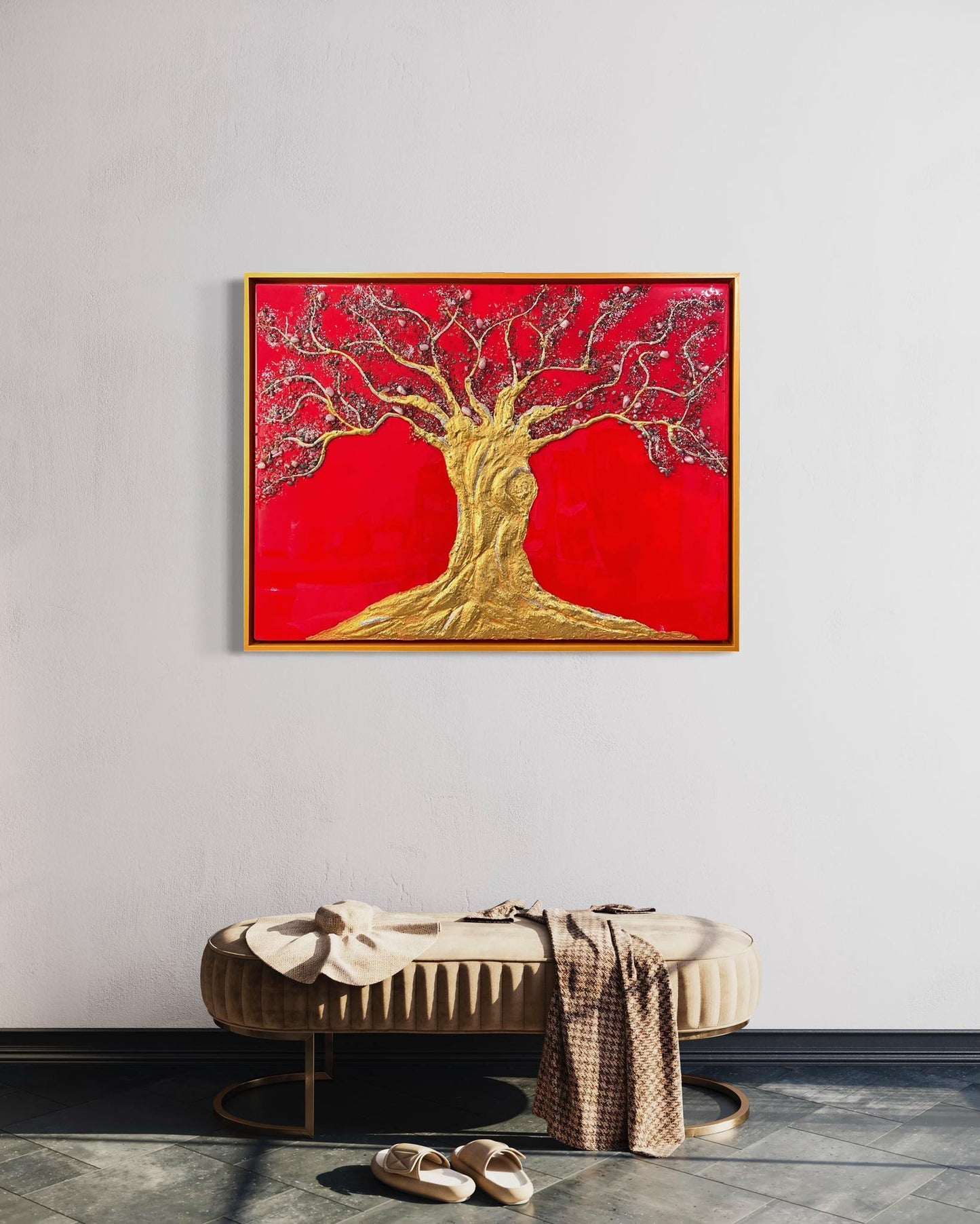 Experience the majesty of the Tree of Life with our custom made artwork. Crafted with 9 real crystals and a 3D gold leaf covered trunk, this one-of-a-kind piece is finished with a glossy resin coating. A stunning addition to any space, and a reminder of the interconnectedness of all things.