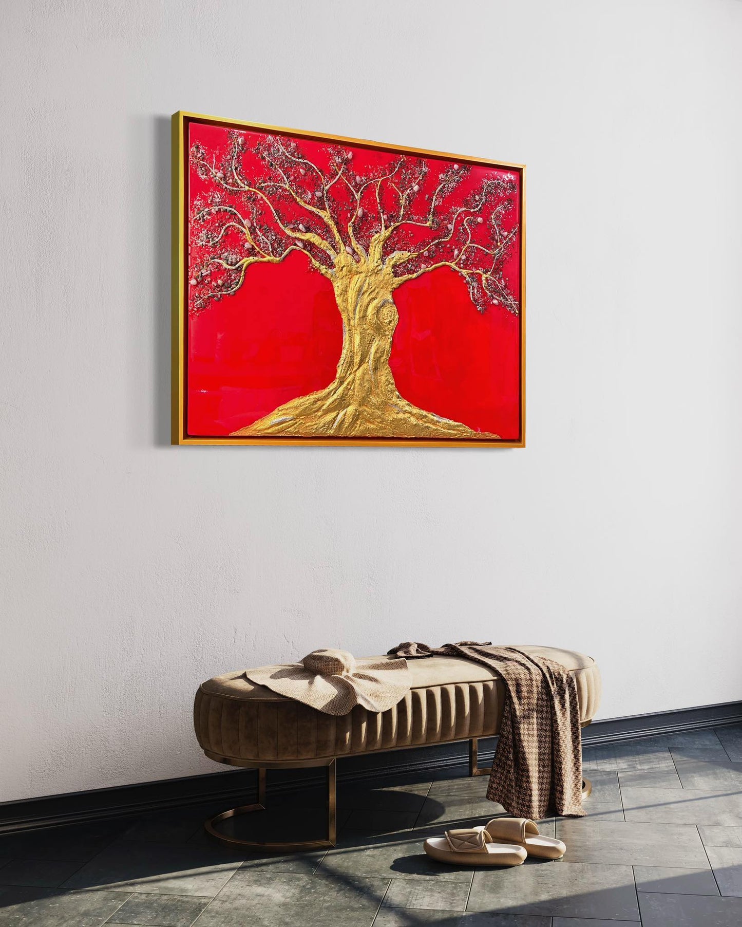 Experience the majesty of the Tree of Life with our custom made artwork. Crafted with 9 real crystals and a 3D gold leaf covered trunk, this one-of-a-kind piece is finished with a glossy resin coating. A stunning addition to any space, and a reminder of the interconnectedness of all things.