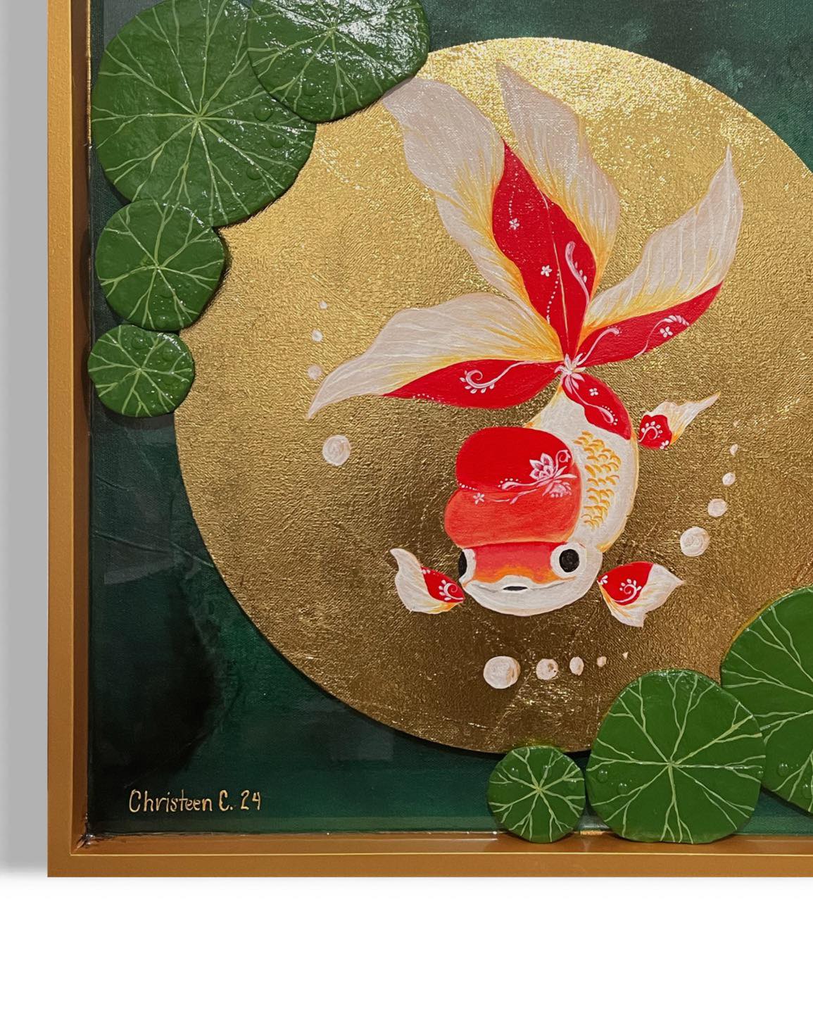 Expertly crafted with a frame within a frame design, the Zen Pond artwork brings a sense of tranquility to any space. Measuring 21 inches by 21 inches, this mixed media art features a stunning gold fish painted in acrylic on stretched canvas. A lotus leaf sculpture adds dimension and is all set in a beautiful resin pond.