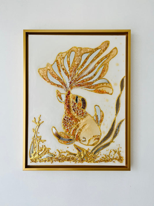 Gold fish Mixed Media on canvas. Made of resin/epoxy detailed with mirrors and crystals.