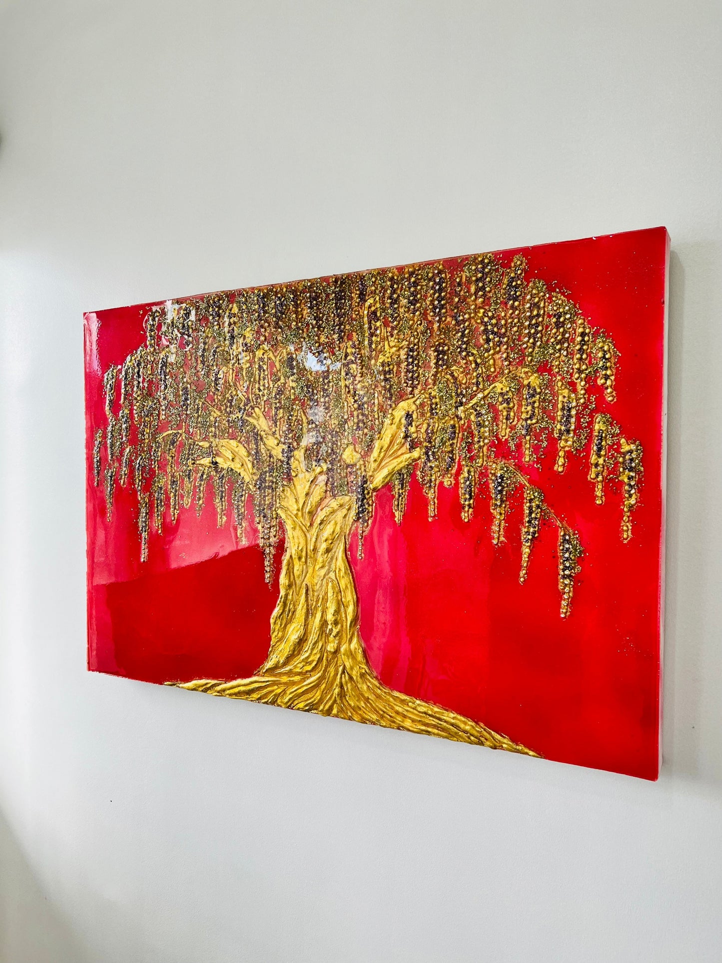 A wisteria original painting made of resin or epoxy, crystals and gold leaf. A stunning art that can elevate the energy of your space.