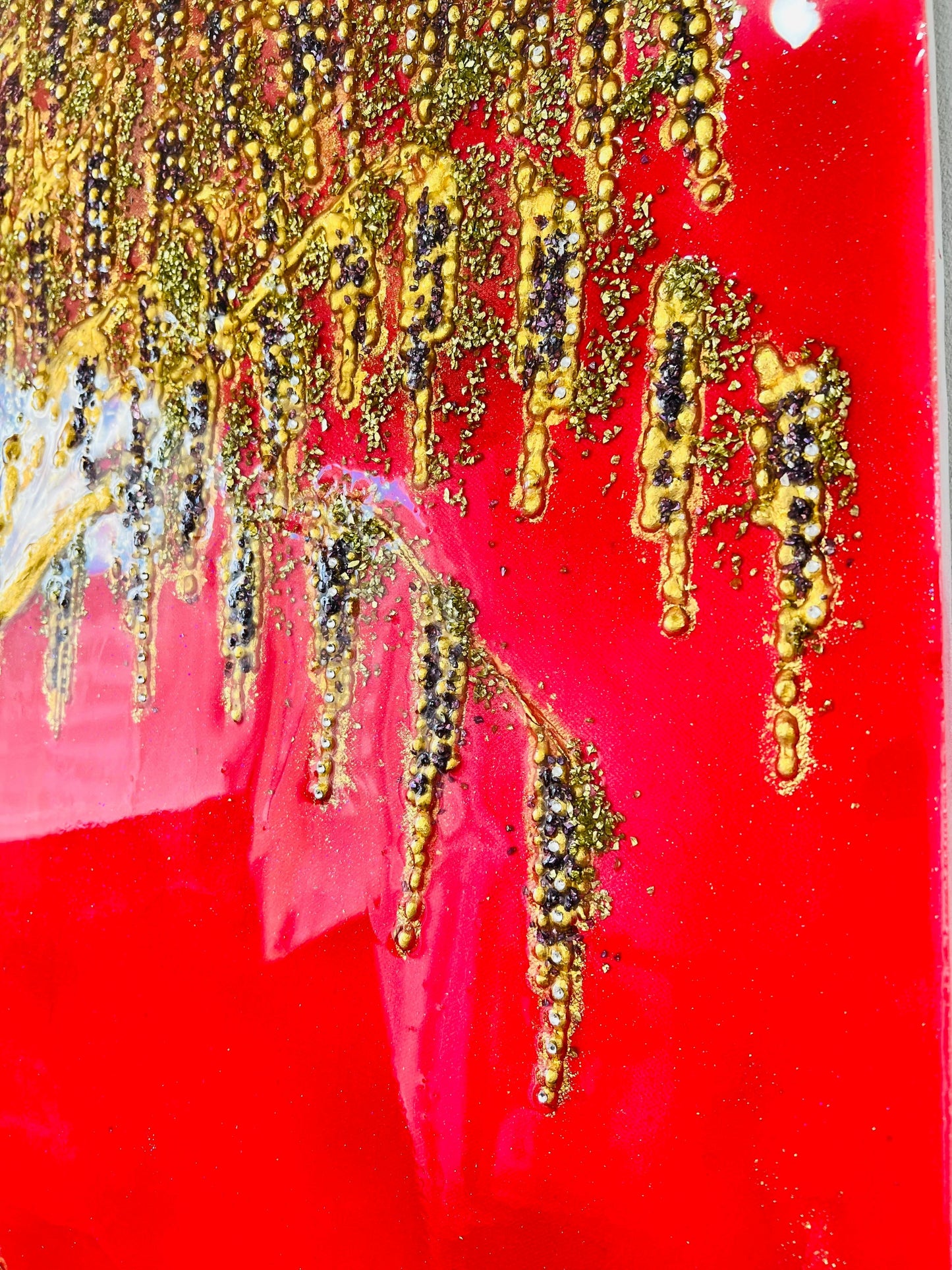 A wisteria original painting made of resin or epoxy, crystals and gold leaf. A stunning art that can elevate the energy of your space.