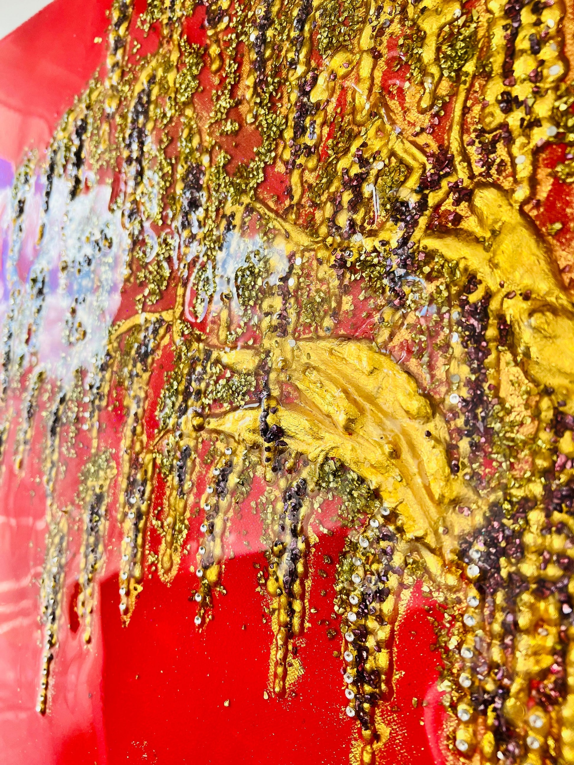 A wisteria original painting made of resin or epoxy, crystals and gold leaf. A stunning art that can elevate the energy of your space.