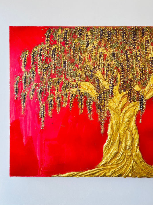 A wisteria original painting made of resin or epoxy, crystals and gold leaf. A stunning art that can elevate the energy of your space.